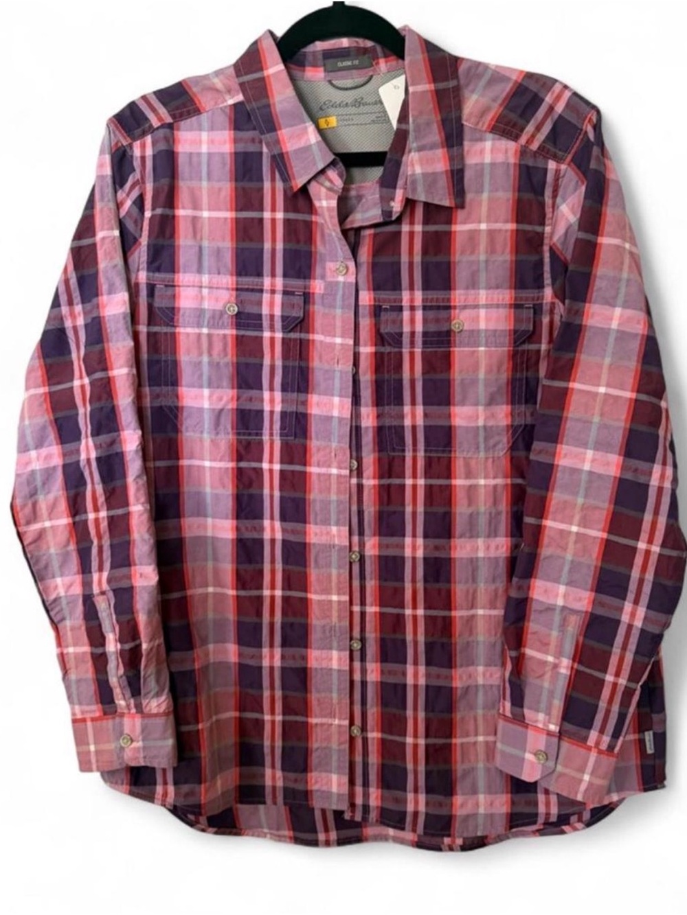 Eddie Bauer Women’s Performance Plaid Trail Shirt Pink-Purple-Orange L